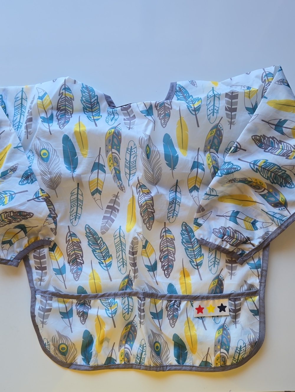Feather Print Long Sleeve Baby Bib - Yellow Teal Gray